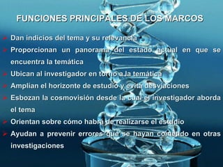 FUNCIONES PRINCIPALES DE LOS MARCOS  <ul><li>Dan indicios del tema y su relevancia  </li></ul><ul><li>Proporcionan un pano...