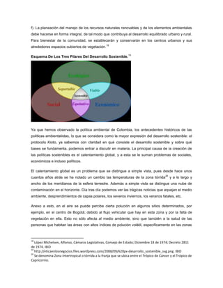 f). La planeación del manejo de los recursos naturales renovables y de los elementos ambientales
debe hacerse en forma integral, de tal modo que contribuya al desarrollo equilibrado urbano y rural.
Para bienestar de la comunidad, se establecerán y conservarán en los centros urbanos y sus
alrededores espacios cubiertos de vegetación.
18
Esquema De Los Tres Pilares Del Desarrollo Sostenible.
19
Ya que hemos observado la política ambiental de Colombia, los antecedentes históricos de las
políticas ambientalistas, lo que se considera como la mayor expresión del desarrollo sostenible: el
protocolo Kioto, ya sabemos con claridad en qué consiste el desarrollo sostenible y sobre qué
bases se fundamenta, podemos entrar a discutir en materia. La principal causa de la creación de
las políticas sostenibles es el calentamiento global, y a esta se le suman problemas de sociales,
económicos e incluso políticos.
El calentamiento global es un problema que se distingue a simple vista, pues desde hace unos
cuantos años atrás se ha notado un cambio las temperaturas de la zona tórrida
20
y a lo largo y
ancho de los meridianos de la esfera terrestre. Además a simple vista se distingue una nube de
contaminación en el horizonte. Día tras día podemos ver las trágicas noticias que aquejan el medio
ambiente, desprendimientos de capas polares, los severos inviernos, los veranos fatales, etc.
Anexo a esto, en el aire se puede percibe cierta polución en algunos sitios determinados, por
ejemplo, en el centro de Bogotá; debido al flujo vehicular que hay en esta zona y por la falta de
vegetación en ella. Esto no sólo afecta al medio ambiente, sino que también a la salud de las
personas que habitan las áreas con altos índices de polución volátil, específicamente en las zonas
18
López Michelsen, Alfonso, Cámaras Legislativas, Consejo de Estado; Diciembre 18 de 1974; Decreto 2811
de 1974. IBID
19
http://eticaenlosnegocios.files.wordpress.com/2008/09/620px-desarrollo_sostenible_svg.png. IBID
20
Se denomina Zona Intertropical o tórrida a la franja que se ubica entre el Trópico de Cáncer y el Trópico de
Capricornio.
 