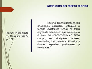 Definición del marco teórico
“Es una presentación de las
principales escuelas, enfoques o
teorías existentes sobre el tema
objeto de estudio, en que se muestra
el nivel de conocimiento en dicho
campo, los principales debates,
resultados, instrumentos utilizados y
demás aspectos pertinentes y
relevantes.”
(Bernal, 2000 citado
por Carrasco, 2005,
p. 127).
 
