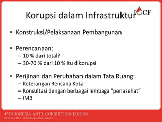 Korupsi dalam Infrastruktur
• Konstruksi/Pelaksanaan Pembangunan
• Perencanaan:
– 10 % dari total?
– 30-70 % dari 10 % itu dikorupsi
• Perijinan dan Perubahan dalam Tata Ruang:
– Keterangan Rencana Kota
– Konsultasi dengan berbagai lembaga “penasehat”
– IMB
 