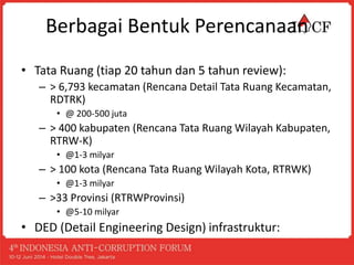 Berbagai Bentuk Perencanaan
• Tata Ruang (tiap 20 tahun dan 5 tahun review):
– > 6,793 kecamatan (Rencana Detail Tata Ruang Kecamatan,
RDTRK)
• @ 200-500 juta
– > 400 kabupaten (Rencana Tata Ruang Wilayah Kabupaten,
RTRW-K)
• @1-3 milyar
– > 100 kota (Rencana Tata Ruang Wilayah Kota, RTRWK)
• @1-3 milyar
– >33 Provinsi (RTRWProvinsi)
• @5-10 milyar
• DED (Detail Engineering Design) infrastruktur:
 