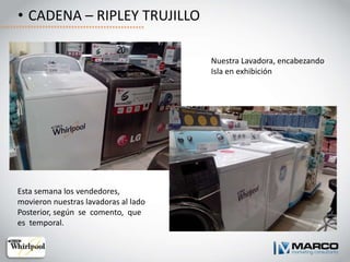 • CADENA – RIPLEY TRUJILLO
Esta semana los vendedores,
movieron nuestras lavadoras al lado
Posterior, según se comento, que
es temporal.
Nuestra Lavadora, encabezando
Isla en exhibición
 