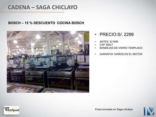 CADENA – SAGA CHICLAYO
• PRECIO:S/. 2299
• ANTES: S/1899
• CAP 385LT
• BANDEJAS DE VIDRIO TEMPLADO
• GARANTIA 10AÑOS EN EL MOTOR
BOSCH – 15 % DESCUENTO COCINA BOSCH
Fotos tomadas en Saga chiclayo
 