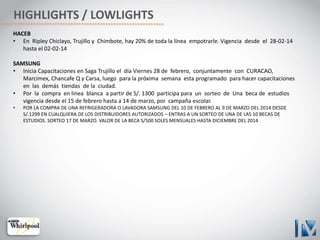 HACEB
• En Ripley Chiclayo, Trujillo y Chimbote, hay 20% de toda la línea empotrarle. Vigencia desde el 28-02-14
hasta el 02-02-14
SAMSUNG
• Inicia Capacitaciones en Saga Trujillo el día Viernes 28 de febrero, conjuntamente con CURACAO,
Marcimex, Chancafe Q y Carsa, luego para la próxima semana esta programado para hacer capacitaciones
en las demás tiendas de la ciudad.
• Por la compra en linea blanca a partir de S/. 1300 participa para un sorteo de Una beca de estudios
vigencia desde el 15 de febrero hasta a 14 de marzo, por campaña escolar.
• POR LA COMPRA DE UNA REFRIGERADORA O LAVADORA SAMSUNG DEL 10 DE FEBRERO AL 9 DE MARZO DEL 2014 DESDE
S/.1299 EN CUALQUIERA DE LOS DISTRIBUIDORES AUTORIZADOS – ENTRAS A UN SORTEO DE UNA DE LAS 10 BECAS DE
ESTUDIOS. SORTEO 17 DE MARZO. VALOR DE LA BECA S/500 SOLES MENSUALES HASTA DICIEMBRE DEL 2014
HIGHLIGHTS / LOWLIGHTS
 