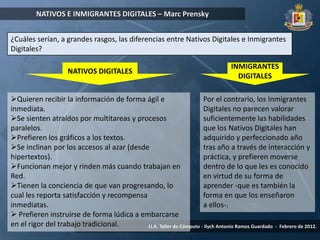 NATIVOS E INMIGRANTES DIGITALES – Marc Prensky


¿Cuáles serían, a grandes rasgos, las diferencias entre Nativos Digitales e Inmigrantes
Digitales?

                                                                                  INMIGRANTES
                     NATIVOS DIGITALES
                                                                                    DIGITALES

Quieren recibir la información de forma ágil e                    Por el contrario, los Inmigrantes
inmediata.                                                         Digitales no parecen valorar
Se sienten atraídos por multitareas y procesos                    suficientemente las habilidades
paralelos.                                                         que los Nativos Digitales han
Prefieren los gráficos a los textos.                              adquirido y perfeccionado año
Se inclinan por los accesos al azar (desde                        tras año a través de interacción y
hipertextos).                                                      práctica, y prefieren moverse
Funcionan mejor y rinden más cuando trabajan en                   dentro de lo que les es conocido
Red.                                                               en virtud de su forma de
Tienen la conciencia de que van progresando, lo                   aprender -que es también la
cual les reporta satisfacción y recompensa                         forma en que los enseñaron
inmediatas.                                                        a ellos-.
 Prefieren instruirse de forma lúdica a embarcarse
en el rigor del trabajo tradicional.       U.A. Taller de Cómputo - Ilych Antonio Ramos Guardado - Febrero de 2012.
 