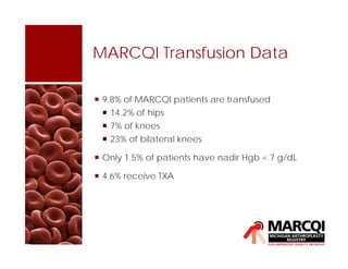 MARCQI Transfusion Data
 9.8% of MARCQI patients are transfused
 14.2% of hips
 7% of knees
 23% of bilateral knees
 Only 1.5% of patients have nadir Hgb < 7 g/dL
 4.6% receive TXA
 