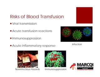 Risks of Blood Transfusion
 Viral transmission
 Acute transfusion reactions
 Immunosuppression
 Acute inflammatory response
Noninfectious Hazards Immunosuppression
Infection
 