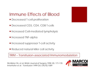 Immune Effects of Blood
 Decreased T-cell proliferation
 Decreased CD3, CD4, CD8 T-cells
 Increased Cell-mediated lympholysis
 Increased TNF-alpha
 Increased suppressor T-cell activity
 Reduced natural killer cell activity
McAlister FA, et al, British Journal of Surgery 1998; 85: 171-178
Innerhofer et al. Transfusion 1999 Oct;39(10):1089
TRIM – Transfusion-associated Immunomodulation
 
