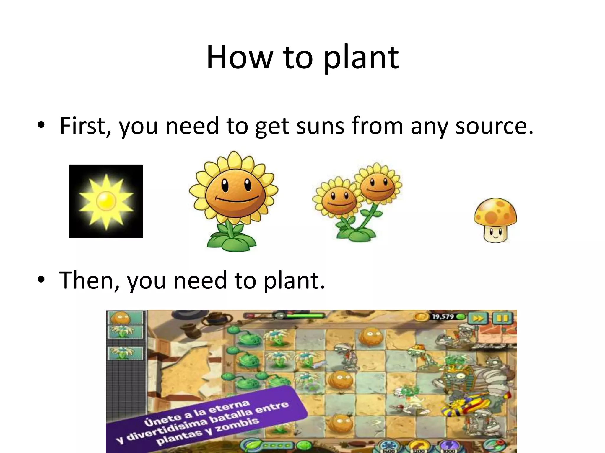 How to plant
• First, you need to get suns from any source.
• Then, you need to plant.
 