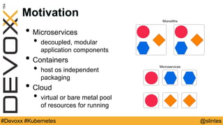@slintes#Devoxx #Kubernetes
Motivation
• Microservices
• decoupled, modular
application components
• Containers
• host os independent
packaging
• Cloud
• virtual or bare metal pool
of resources for running
the containers
 