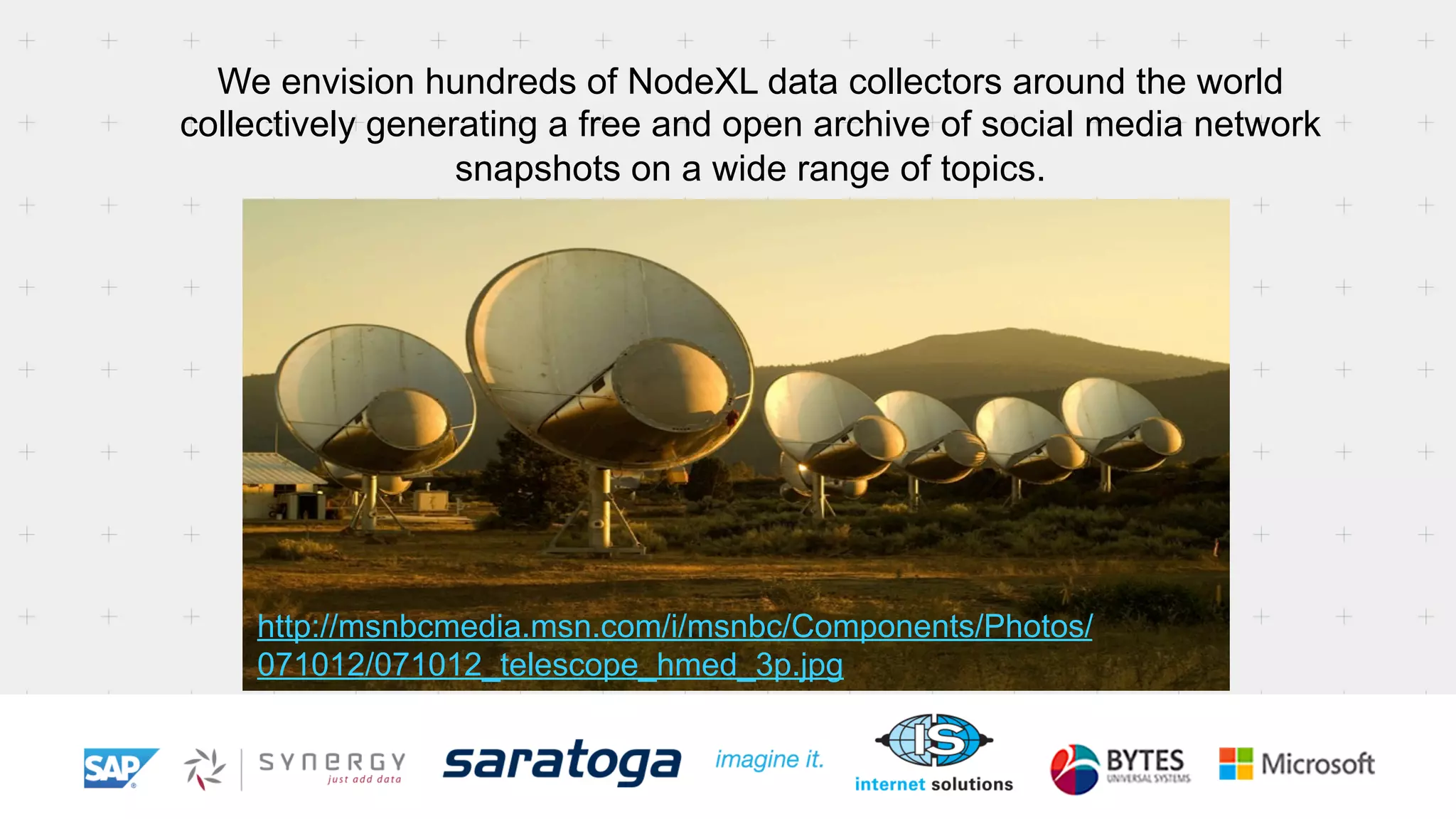 We envision hundreds of NodeXL data collectors around the world
collectively generating a free and open archive of social media network
snapshots on a wide range of topics.
http://msnbcmedia.msn.com/i/msnbc/Components/Photos/
071012/071012_telescope_hmed_3p.jpg
 
