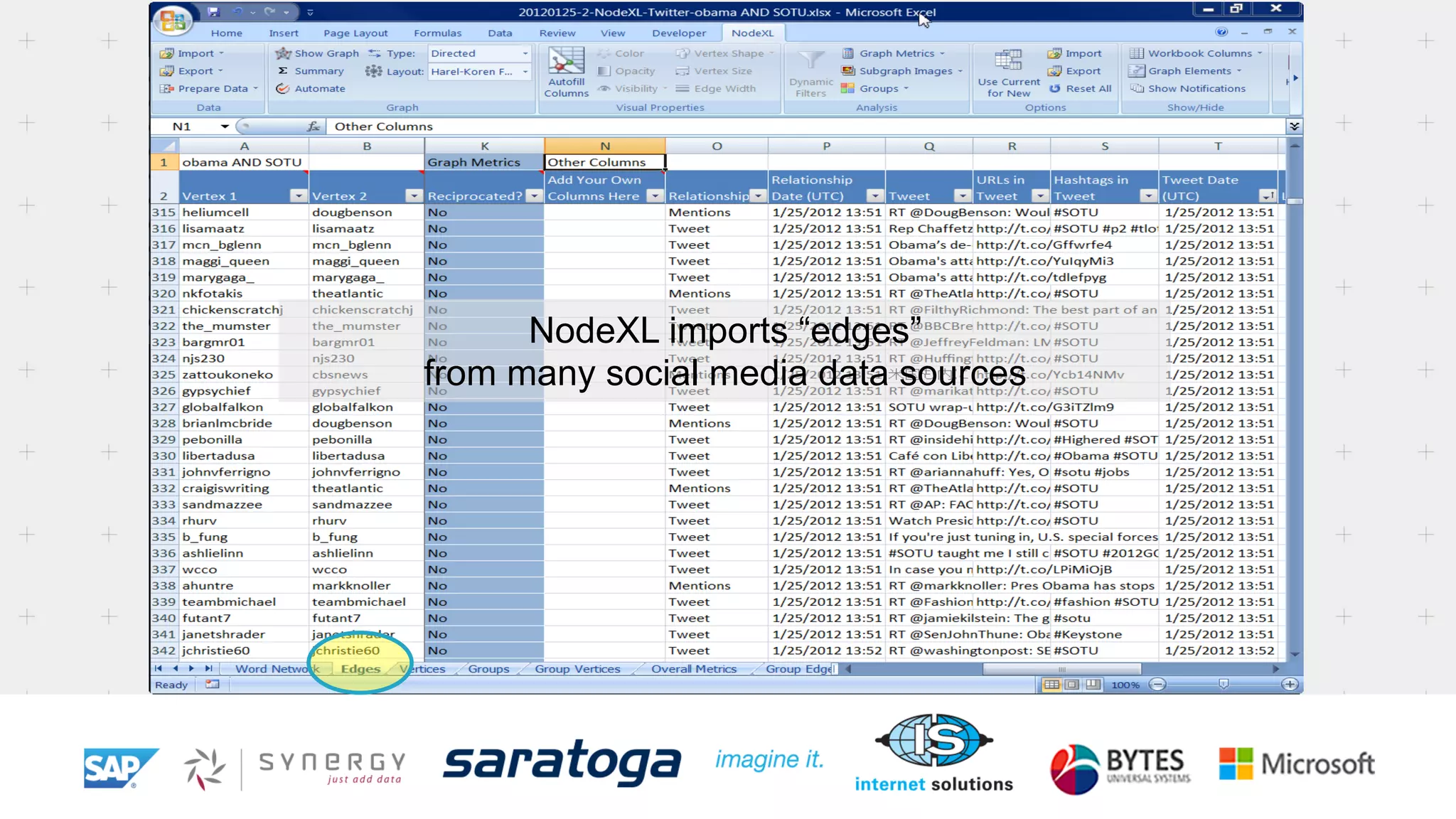 NodeXL imports “edges”
from many social media data sources
 