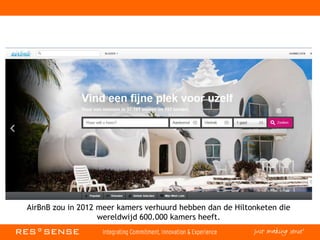 AirBnB zou in 2012 meer kamers verhuurd hebben dan de Hiltonketen die
wereldwijd 600.000 kamers heeft.
 