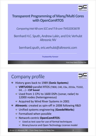 Trustworthy Forever

                                                            From Deep Space To Deep Sea




      History goes back to 1989 (Eonic Systems)
         VIRTUOSO parallel RTOS (T800, C40, C6x, 2016x, TS102,
           G4, …) – CSP based
         Used from 1 CPU to 1600 DSPs (sonar, radar) to
         12000 nodes (heterogeneous)
         Acquired by Wind River Systems in 2001
      Altreonic: created as spin-off in 2008 following R&D
         Unified systems engineering (GoedelWorks)
         Formalised when possible
         Network-centric OpenComRTOS:
               Used as test case for use of formal techniques
               Binary/source and Open Technology License model
20-Jul-12 Altreonic NV – From Deep Space to Deep Sea -              2
 