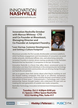  Innovation Nashville, October 4th guest is Marcus Whitney CTO and Co-Founder at Moontoast. "Lean Startup, Customer Development, and Setting a Culture Footprint"