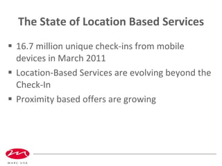 The State of Location Based Services <ul><li>16.7 million unique check-ins from mobile devices in March 2011 </li></ul><ul...