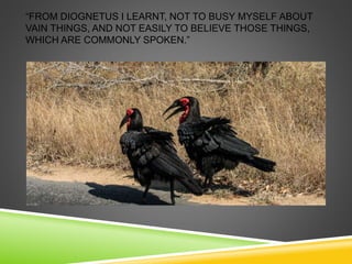 “FROM DIOGNETUS I LEARNT, NOT TO BUSY MYSELF ABOUT 
VAIN THINGS, AND NOT EASILY TO BELIEVE THOSE THINGS, 
WHICH ARE COMMONLY SPOKEN.” 
 