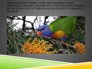 “FROM RUSTICUS I LEARNT TO BE EASY AND READY TO BE 
RECONCILED, AND WELL PLEASED WITH THEM THAT HAD OFFENDED 
ME, AS SOON AS ANY OF THEM WOULD BE CONTENT TO SEEK INTO 
ME AGAIN.” 
 
