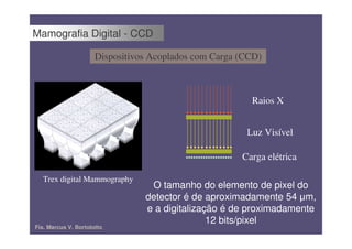 Mamografia Digital - CCD

                      Dispositivos Acoplados com Carga (CCD)



                                                         Raios X


                                                        Luz Visível

                                                       Carga elétrica

  Trex digital Mammography
                                  O tamanho do elemento de pixel do
                                 detector é de aproximadamente 54 ȝm,
                                 e a digitalização é de proximadamente
                                                12 bits/pixel
Fís. Marcus V. Bortolotto
 