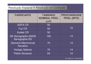 Resolução Espacial X Resolução de Contraste

    FABRICANTE          TAMANHO         PROFUNDIDADE
                      NOMINAL PÍXEL      PÍXEL (BITS)
                          (µm)
                           µ
     AGFA CR               50
      Fuji CR              50                       10
     Kodak CR              50
GE Senographe 2000D        100                      14
   Senographe DS
 Siemens Mammomat            70                     14
       Novation
    Hologic Selenia          70                     14
   Fisher Sinoscan           54                     12
                                              Fís. Marcus V. Bortolotto
 