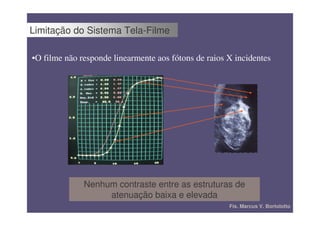 Limitação do Sistema Tela-Filme

•O filme não responde linearmente aos fótons de raios X incidentes




              Nenhum contraste entre as estruturas de
                   atenuação baixa e elevada
                                                      Fís. Marcus V. Bortolotto
 