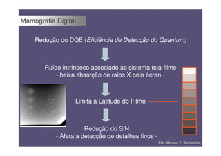 Mamografia Digital

    Redução do DQE (Eficiência de Detecção do Quantum)



       Ruído intrínseco associado ao sistema tela-filme
           - baixa absorção de raios X pelo écran -



                  Limita a Latitude do Filme



                      Redução do S/N
           - Afeta a detecção de detalhes finos -
                                                    Fís. Marcus V. Bortolotto
 