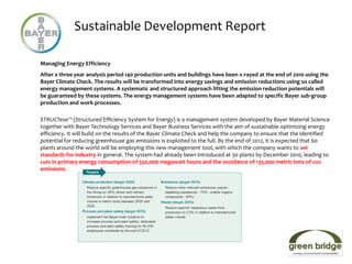 Sustainable Development Report

Managing Energy Efficiency
After a three year analysis period 140 production units and buildings have been x-rayed at the end of 2010 using the
Bayer Climate Check. The results will be transformed into energy savings and emission reductions using so called
energy management systems. A systematic and structured approach lifting the emission reduction potentials will
be guaranteed by these systems. The energy management systems have been adapted to specific Bayer sub-group
production and work processes.

STRUCTese™ (Structured Efficiency System for Energy) is a management system developed by Bayer Material Science
together with Bayer Technology Services and Bayer Business Services with the aim of sustainable optimizing energy
efficiency. It will build on the results of the Bayer Climate Check and help the company to ensure that the identified
potential for reducing greenhouse gas emissions is exploited to the full. By the end of 2012, it is expected that 60
plants around the world will be employing this new management tool, with which the company wants to set
standards for industry in general. The system had already been introduced at 30 plants by December 2010, leading to
cuts in primary energy consumption of 550,000 megawatt hours and the avoidance of 135,000 metric tons of co2
emissions.
 