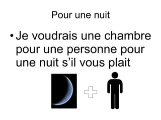 Pour une nuit Je voudrais une chambre pour une personne pour une nuit s’il vous plait + 