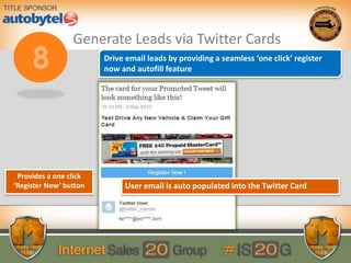 Generate Leads via Twitter Cards
Provides a one click
‘Register Now’ button User email is auto populated into the Twitter Card
Drive email leads by providing a seamless ‘one click’ register
now and autofill feature
 