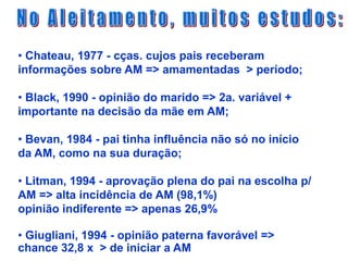 • Chateau, 1977 - cças. cujos pais receberam
informações sobre AM => amamentadas > período;
• Black, 1990 - opinião do marido => 2a. variável +
importante na decisão da mãe em AM;
• Bevan, 1984 - pai tinha influência não só no início
da AM, como na sua duração;
• Litman, 1994 - aprovação plena do pai na escolha p/
AM => alta incidência de AM (98,1%)
opinião indiferente => apenas 26,9%
• Giugliani, 1994 - opinião paterna favorável =>
chance 32,8 x > de iniciar a AM
 
