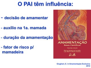 O PAI têm influência:
- decisão de amamentar
- auxílio na 1a. mamada
- duração da amamentação
- fator de risco p/
mamadeira
Giugliani, E. in Amamentação Exclusiva
2010
 