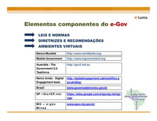 Elementos componentes do e-Gov
    LEIS E NORMAS
    DIRETRIZES E RECOMENDAÇÕES
    AMBIENTES VIRTUAIS
   Banco Mundial             http://www.worldbank.org/
   Mobile Government         http://www.mgovernment.org

   Austrália - The           http://gov2.net.au
   Government 2.0
   Taskforce

   Reino Unido - Digital     http://digitalengagement.cabinetoffice.g
   Engagement team           ov.uk/blog/

   Brasil                    www.governoeletronico.gov.br

   SP - i G o v S P. n e t   https://sites.google.com/a/igovsp.net/igo
                             vsp/

   MG – e-gov                www.egov.mg.gov.br/
   Minas
 