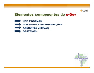 Elementos componentes do e-Gov
    LEIS E NORMAS
    DIRETRIZES E RECOMENDAÇÕES
    AMBIENTES VIRTUAIS
    OBJETIVOS
 