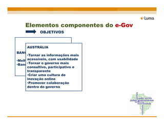 Elementos componentes do e-Gov
            OBJETIVOS



     AUSTRÁLIA
BANCO MUNDIAL
     •Tornar as informações mais
     acessíveis, com usabilidade
•Melhores práticas
     •Tornar o governo mais
•Banco de conhecimento
     consultivo, participativo e
     transparente
     •Criar uma cultura de
     inovação online
     •Promover colaboração
     dentro do governo
 
