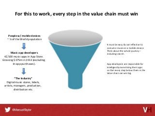 For this to work, every step in the value chain must win

People w/ mobile devices
~ ¼ of the World population

Music app developers
42,500 music apps in App Store.
Grossing $375m in 2013 (excluding
In-app purchases).

“The Industry”
Digital music stores, labels,
artists, managers, production,
distribution etc.

It must be easy & cost-effective to
consume music on a mobile device.
Think about the whole journey –
including search.

App developers are responsible for
Intelligently monetising their apps
so that every step below them in the
Value chain can win big.

 
