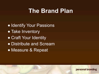 The Brand Plan

• Identify Your Passions
• Take Inventory
• Craft Your Identity
• Distribute and Scream
• Measure & Repeat
 