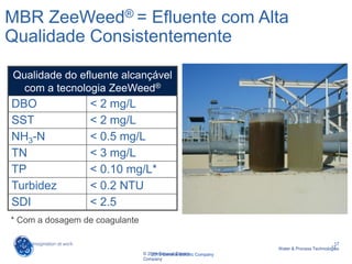 17
2015 General Electric Company
17
Water & Process Technologies
© 2014 General Electric
Company
MBR ZeeWeed® = Efluente com Alta
Qualidade Consistentemente
Qualidade do efluente alcançável
com a tecnologia ZeeWeed®
DBO < 2 mg/L
SST < 2 mg/L
NH3-N < 0.5 mg/L
TN < 3 mg/L
TP < 0.10 mg/L*
Turbidez < 0.2 NTU
SDI < 2.5
* Com a dosagem de coagulante
 