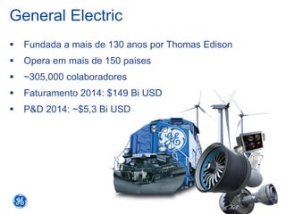 3
2015 General Electric Company
General Electric
 Fundada a mais de 130 anos por Thomas Edison
 Opera em mais de 150 paises
 ~305,000 colaboradores
 Faturamento 2014: $149 Bi USD
 P&D 2014: ~$5,3 Bi USD
 