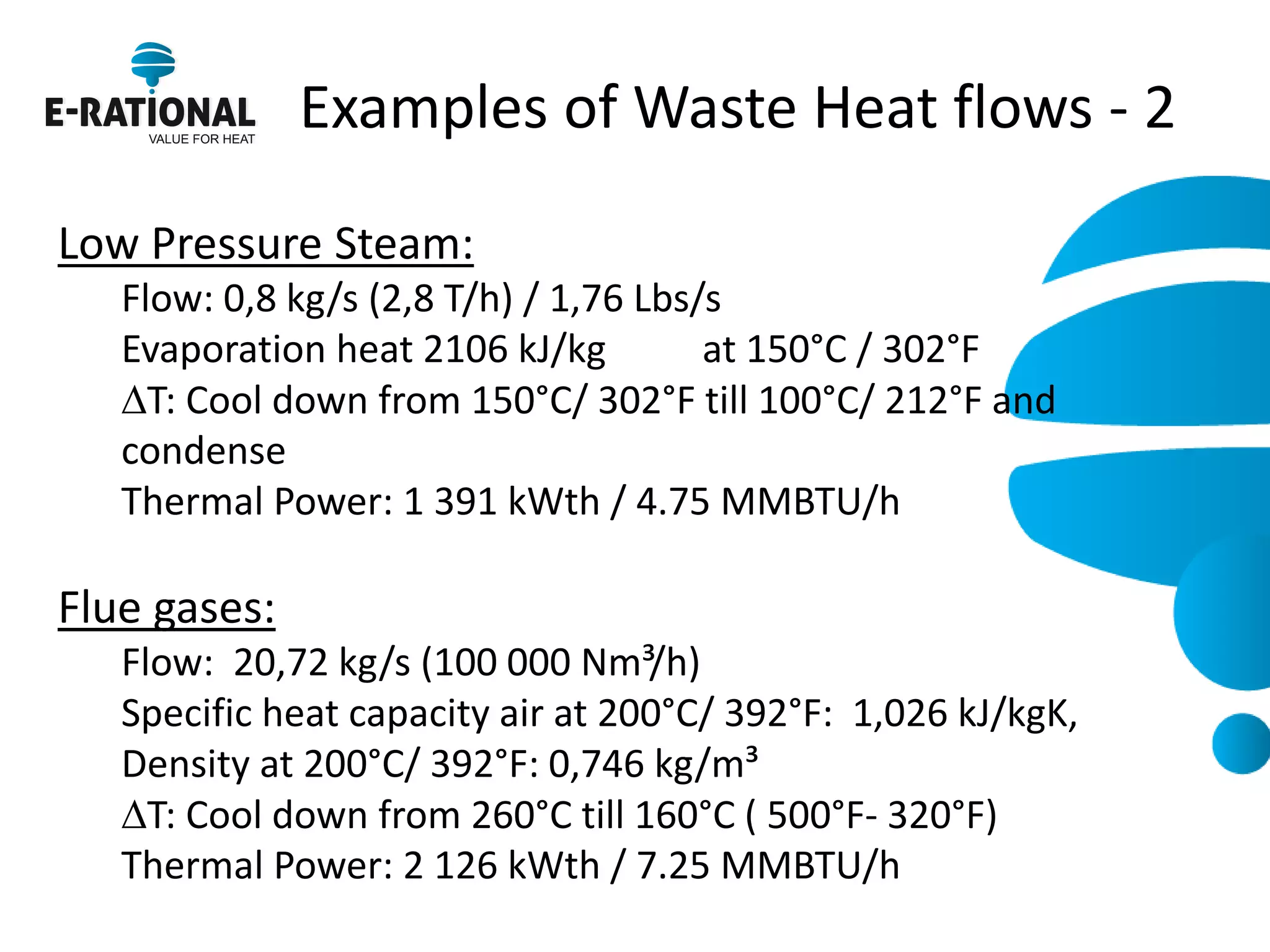 Examples of Waste Heat flows - 2 
Low Pressure Steam: 
Flow: 0,8 kg/s (2,8 T/h) / 1,76 Lbs/s 
Evaporation heat 2106 kJ/kg at 150°C / 302°F 
T: Cool down from 150°C/ 302°F till 100°C/ 212°F and condense 
Thermal Power: 1 391 kWth / 4.75 MMBTU/h 
Flue gases: 
Flow: 20,72 kg/s (100 000 Nm³/h) 
Specific heat capacity air at 200°C/ 392°F: 1,026 kJ/kgK, 
Density at 200°C/ 392°F: 0,746 kg/m³ 
T: Cool down from 260°C till 160°C ( 500°F- 320°F) 
Thermal Power: 2 126 kWth / 7.25 MMBTU/h 
 