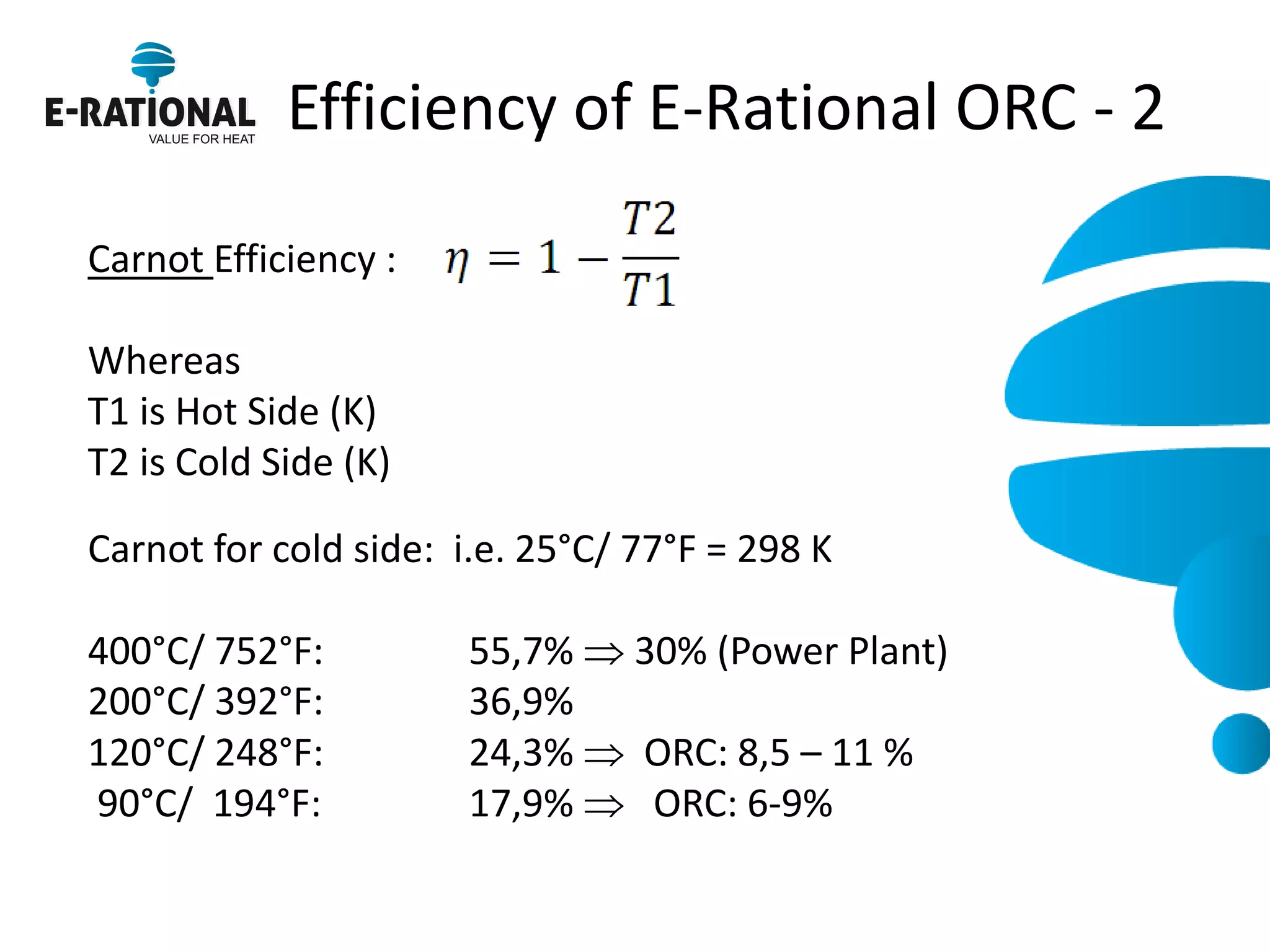 Efficiency of E-Rational ORC - 2 
Carnot Efficiency : Whereas T1 is Hot Side (K) T2 is Cold Side (K) 
Carnot for cold side: i.e. 25°C/ 77°F = 298 K 
400°C/ 752°F: 55,7%  30% (Power Plant) 
200°C/ 392°F: 36,9% 
120°C/ 248°F: 24,3%  ORC: 8,5 – 11 % 
90°C/ 194°F: 17,9%  ORC: 6-9%  