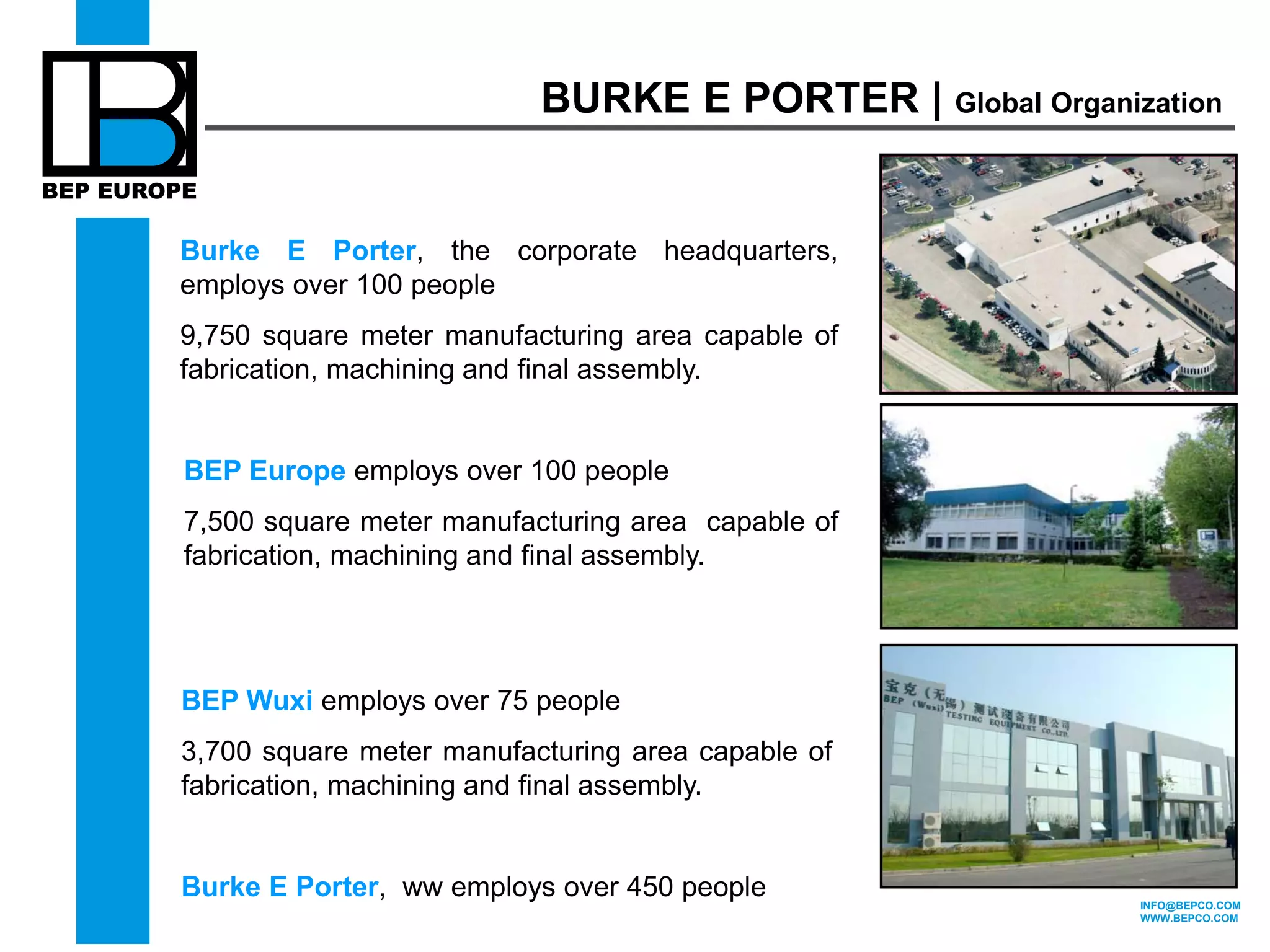 INFO@BEPCO.COM 
WWW.BEPCO.COM 
BURKE E PORTER | Global Organization 
BEP Europe employs over 100 people 
7,500 square meter manufacturing area capable of 
fabrication, machining and final assembly. 
Burke E Porter, the corporate headquarters, 
employs over 100 people 
9,750 square meter manufacturing area capable of 
fabrication, machining and final assembly. 
BEP Wuxi employs over 75 people 
3,700 square meter manufacturing area capable of 
fabrication, machining and final assembly. 
Burke E Porter, ww employs over 450 people 
 