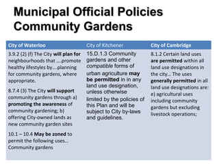 Municipal Official PoliciesMunicipal Official Policies
Community GardensCommunity Gardens
City of Waterloo City of Kitchener City of Cambridge
3.9.2 (2) (f) The City will plan for
neighbourhoods that ….promote
healthy lifestyles by….planning
for community gardens, where
appropriate.
8.7.4 (3) The City will support
community gardens through a)
promoting the awareness of
community gardening; b)
offering City-owned lands as
new community garden sites
10.1 – 10.4 May be zoned to
permit the following uses…
Community gardens
15.D.1.3 Community
gardens and other
compatible forms of
urban agriculture may
be permitted in in any
land use designation,
unless otherwise
limited by the policies of
this Plan and will be
subject to City by-laws
and guidelines.
8.1.2 Certain land uses
are permitted within all
land use designations in
the city… The uses
generally permitted in all
land use designations are:
e) agricultural uses
including community
gardens but excluding
livestock operations;
 