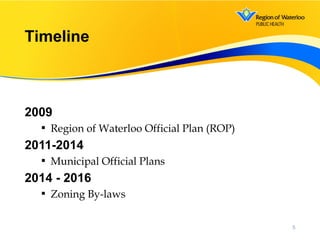 2009
 Region of Waterloo Official Plan (ROP)
2011-2014
 Municipal Official Plans
2014 - 2016
 Zoning By-laws
Timeline
5
 