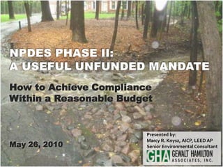 How to Achieve Compliance
Within a Reasonable Budget


                        Presented by:
                        Marcy R. Knysz, AICP, LEED AP
May 26, 2010            Senior Environmental Consultant
 