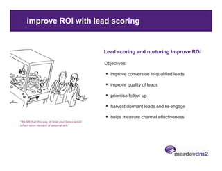 improve ROI with lead scoring


                                                     Lead scoring and nurturing improve ROI

                                                     Objectives:

                                                        improve conversion to qualified leads

                                                        improve quality of leads

                                                        prioritise follow-up
                                                                   follow up

                                                        harvest dormant leads and re-engage

                                                        helps measure channel effectiveness
“We felt that this way, at least your bonus would 
reflect some element of personal skill.”
 