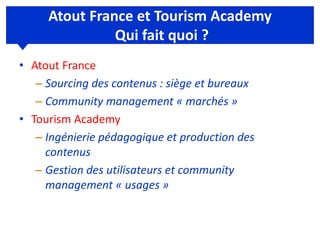 Atout France et Tourism Academy
Qui fait quoi ?
• Atout France
– Sourcing des contenus : siège et bureaux
– Community management « marchés »
• Tourism Academy
– Ingénierie pédagogique et production des
contenus
– Gestion des utilisateurs et community
management « usages »
 