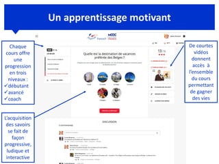 Un apprentissage motivant
De courtes
vidéos
donnent
accès à
l’ensemble
du cours
permettant
de gagner
des vies
L’acquisition
des savoirs
se fait de
façon
progressive,
ludique et
interactive
Chaque
cours offre
une
progression
en trois
niveaux :
débutant
avancé
coach
 