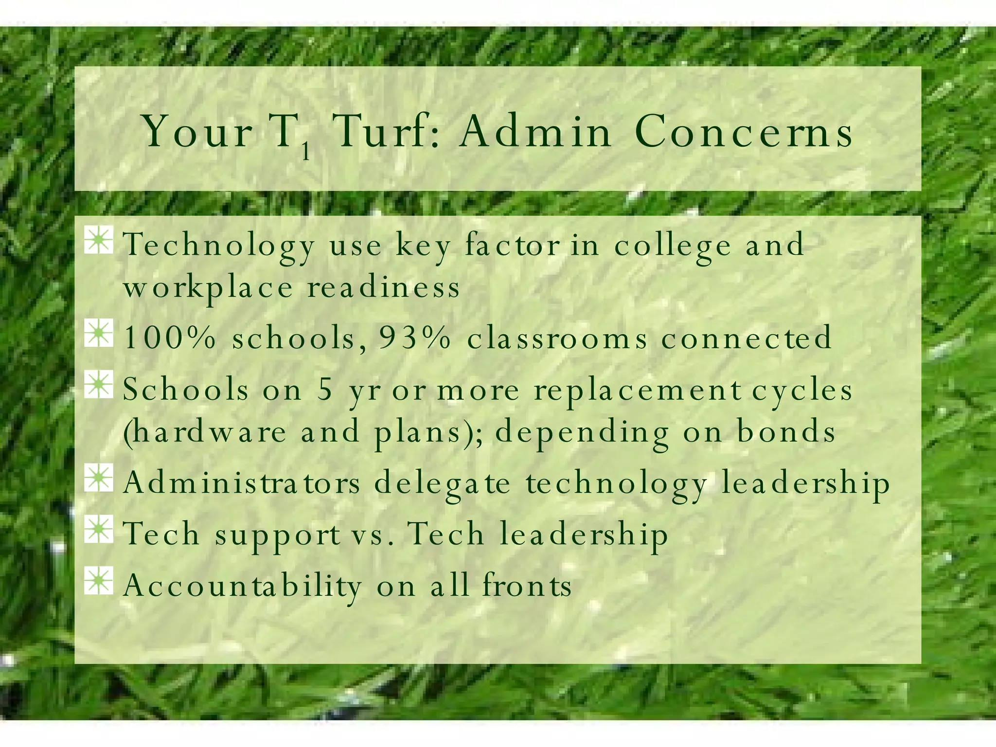 Your T 1  Turf: Admin Concerns Technology use key factor in college and workplace readiness 100% schools, 93% classrooms connected Schools on 5 yr or more replacement cycles (hardware and plans); depending on bonds Administrators delegate technology leadership Tech support vs. Tech leadership Accountability on all fronts 