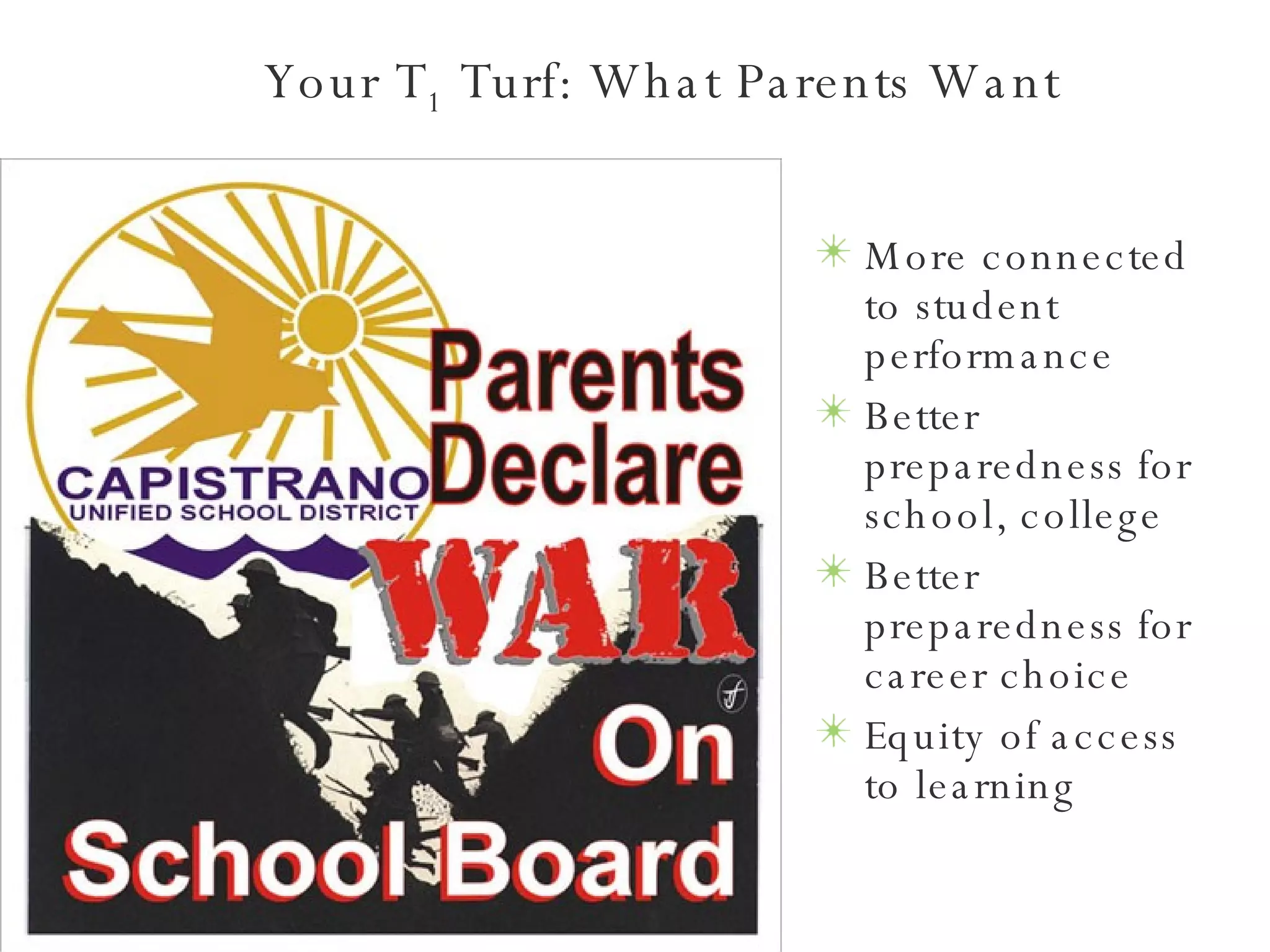 Your T 1  Turf: What Parents Want More connected to student performance Better preparedness for school, college Better preparedness for career choice Equity of access to learning 