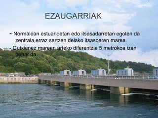 EZAUGARRIAK
- Normalean estuarioetan edo itsasadarretan egoten da
zentrala,erraz sartzen delako itsasoaren marea.
- Gutxienez mareen arteko diferentzia 5 metrokoa izan
behar da.

 